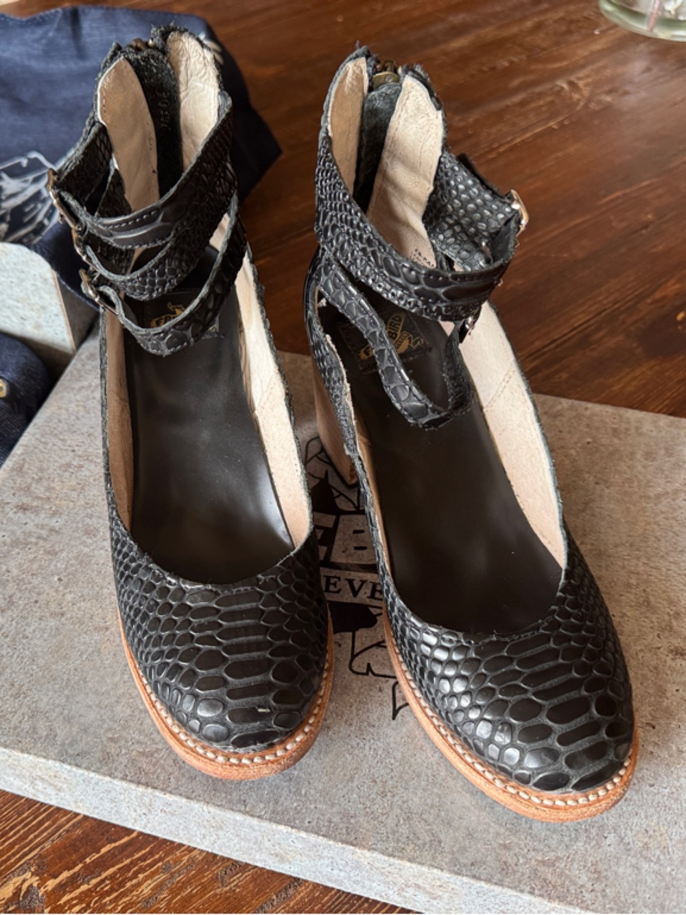 Freebird by Steven Randi Black Snake Ankle-Strap Pumps Size 7